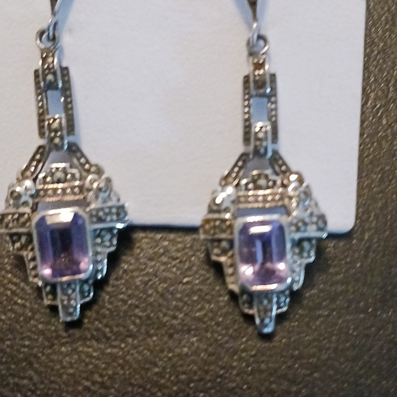 925 Sterling Silver Amethyst Marcasite Earrings Vintage AMAZING - Picture 5 of 5
